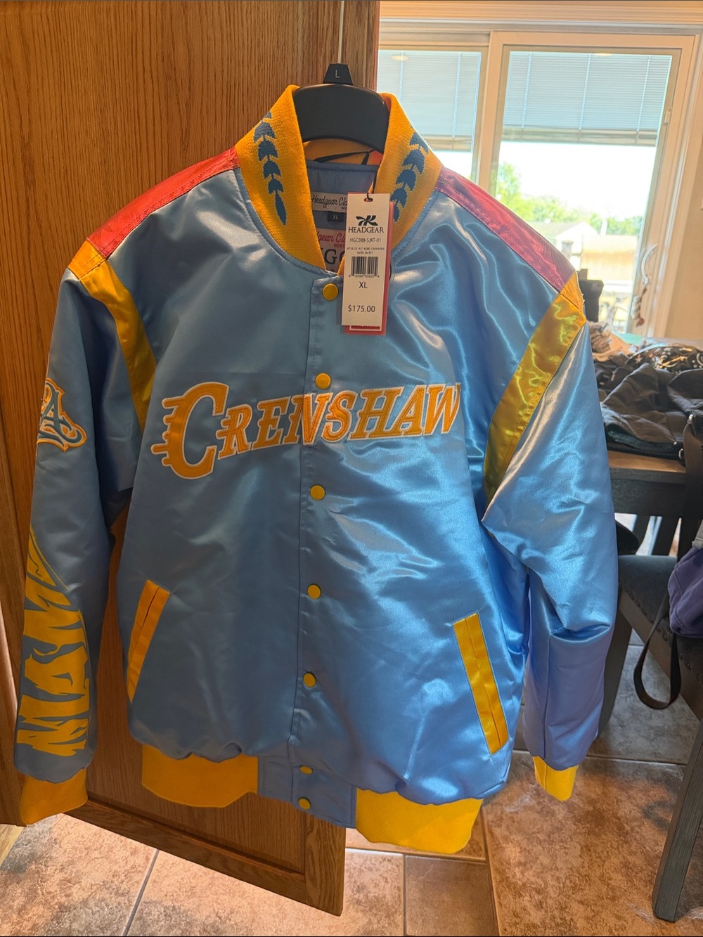 Crenshaw Mens Satin Bomber Jacket - Blue & Yellow w/ pink shoulder accent